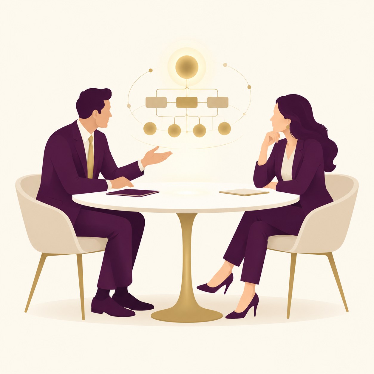 Senior adviser walking a client through a company structure diagram