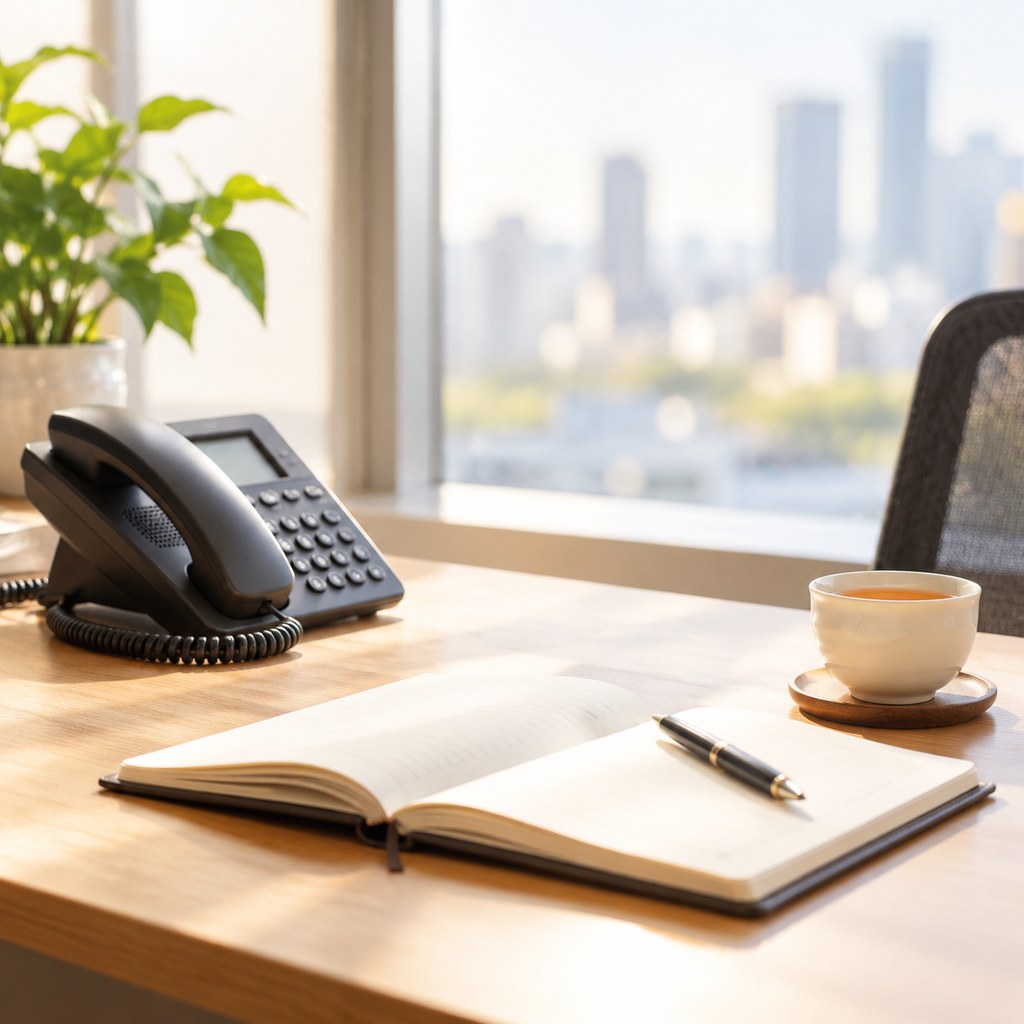 A desk with a direct phone line, ready for your call